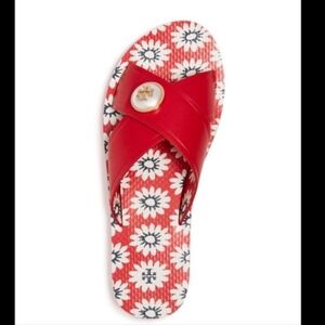 TORY BURCH Red Criss Cross Leather Slide Sandals Size 6 Melody Flip Flops